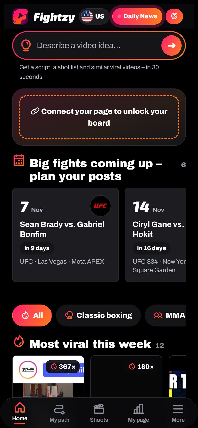 The home screen with this week's viral videos