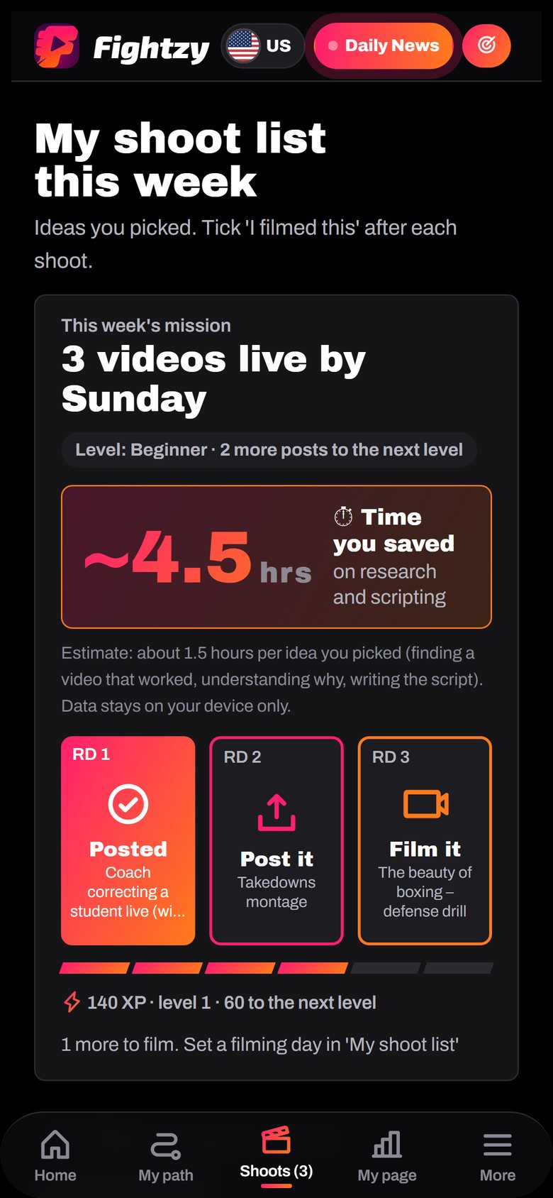 The weekly shoot list in the app